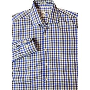 Peter Millar Men's Medium Blue Gingham Check Button Up Shirt Cotton Classic Fit